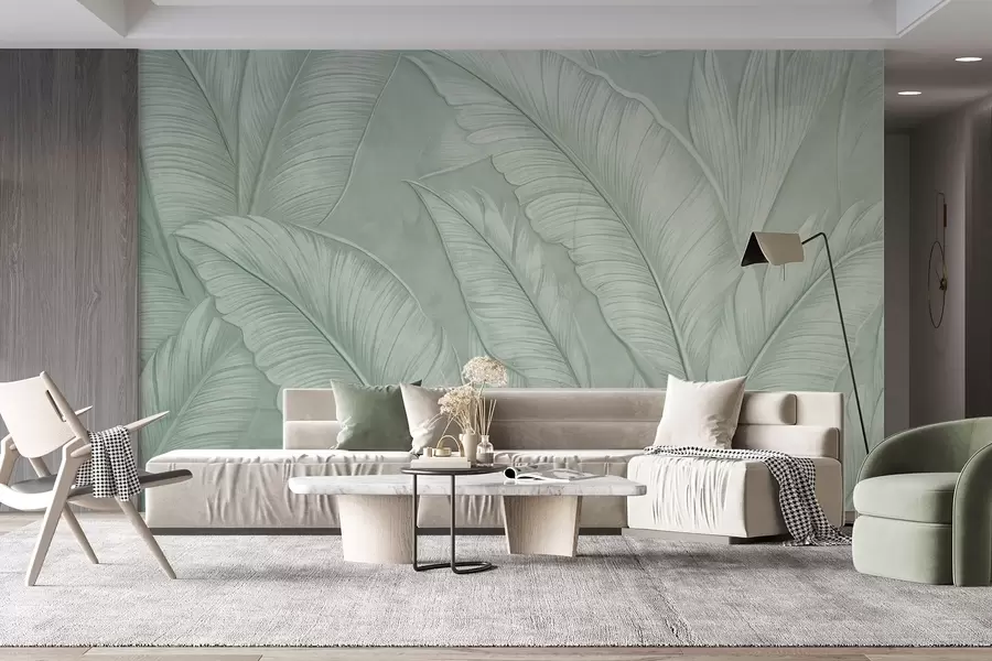 wall murals Високо текстурирани детаљни велики тропски листови у монохроматској зеленој боји у стилу поткровља w08772v1