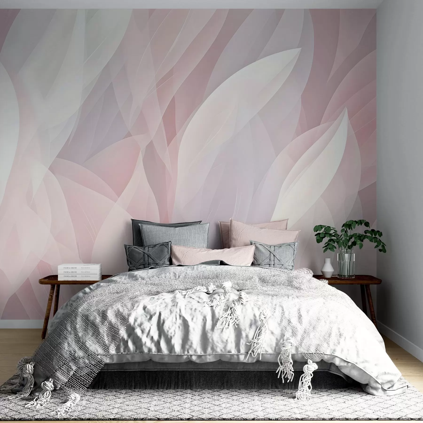 wall murals Апстрактни дизајн са меким облицима налик на латице у нијансама ружичасте и беле, стварајући слојевит ефекат w08774