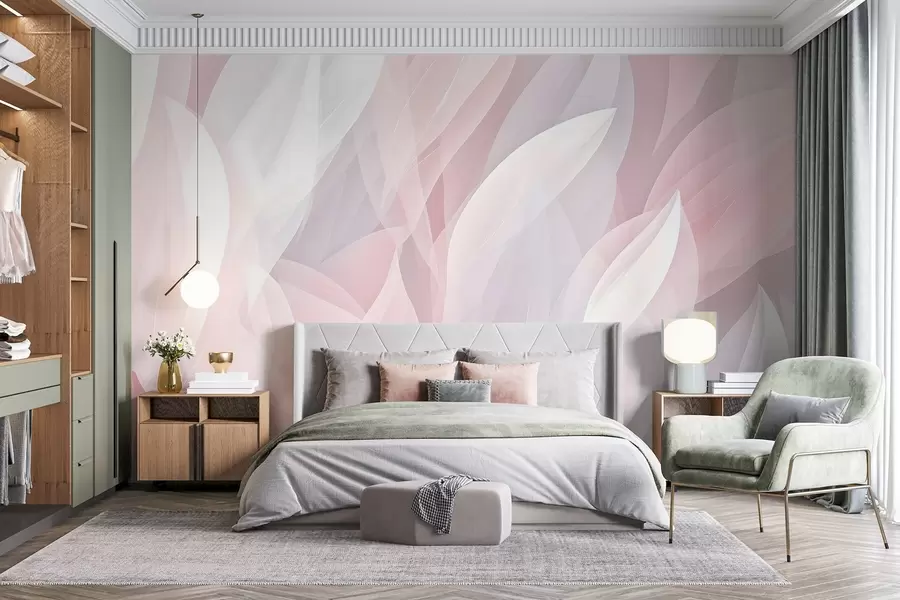 wall murals Апстрактни дизајн са меким облицима налик на латице у нијансама ружичасте и беле, стварајући слојевит ефекат w08774