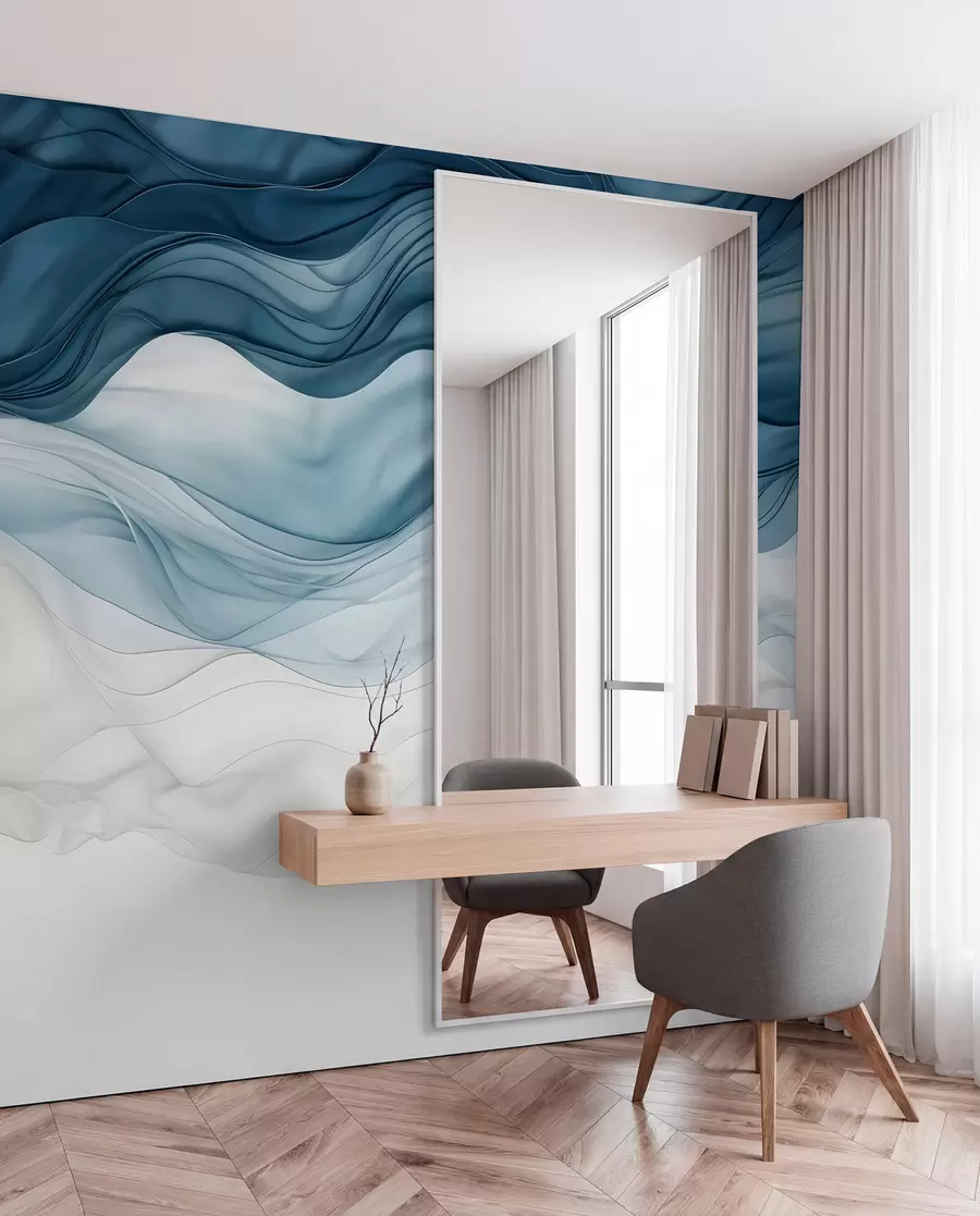 wall murals Текући таласи провидних текстура у нијансама тамно плаве, светлоплаве и беле на светлој позадини w08775