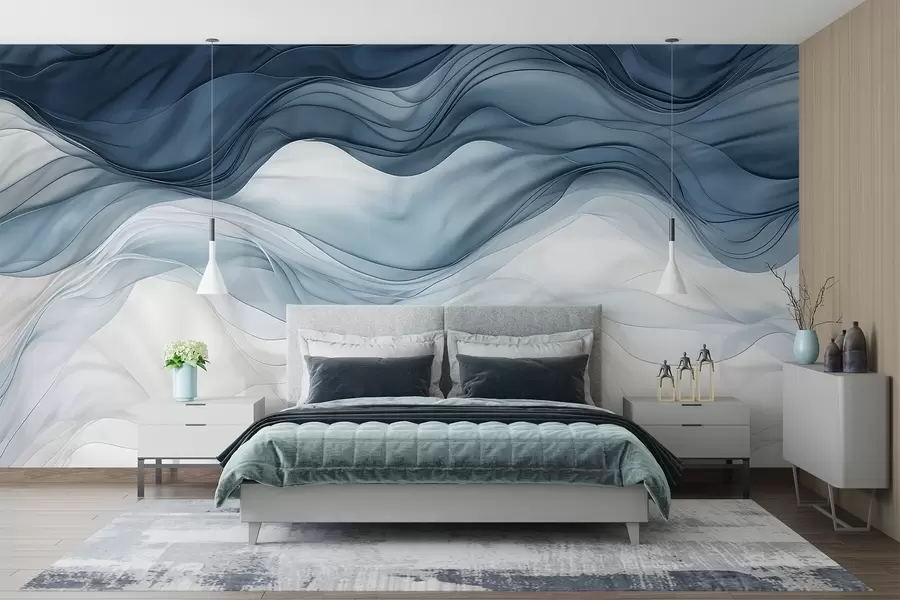 wall murals Текући таласи провидних текстура у нијансама тамно плаве, светлоплаве и беле на светлој позадини w08775