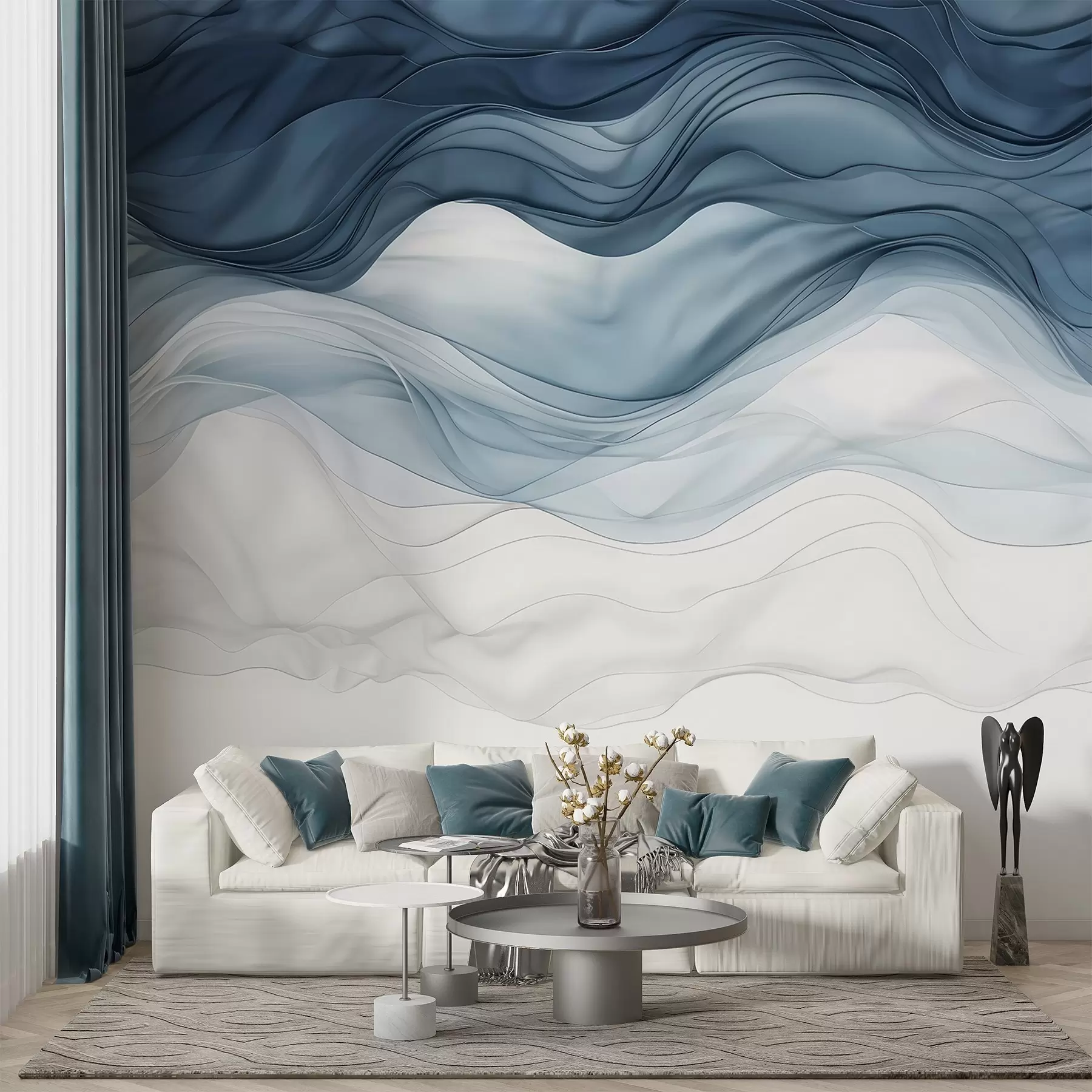 wall murals Текући таласи провидних текстура у нијансама тамно плаве, светлоплаве и беле на светлој позадини w08775