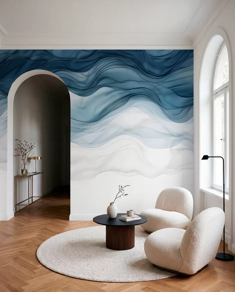 wall murals Текући таласи провидних текстура у нијансама тамно плаве, светлоплаве и беле на светлој позадини w08775