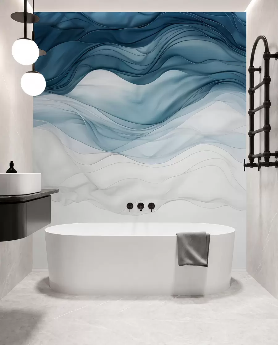 wall murals Текући таласи провидних текстура у нијансама тамно плаве, светлоплаве и беле на светлој позадини w08775