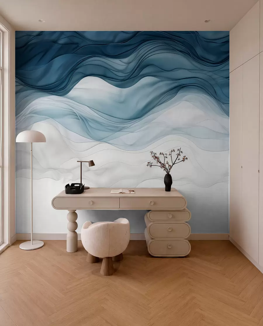 wall murals Текући таласи провидних текстура у нијансама тамно плаве, светлоплаве и беле на светлој позадини w08775