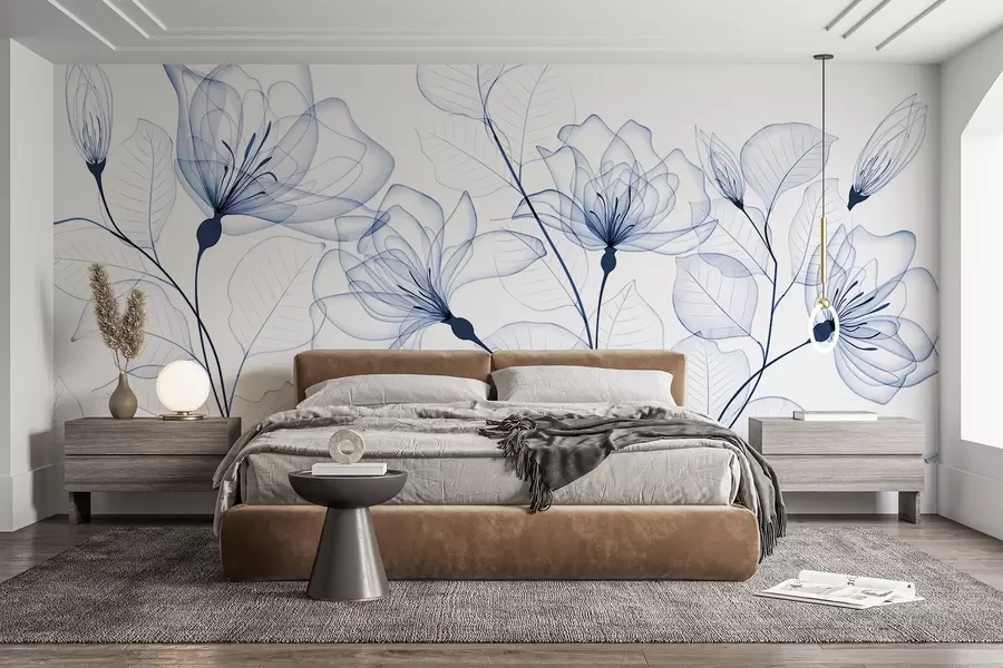 wall murals Деликатно минималистичко плаво цвеће са провидним латицама и листовима, на белој позадини w08776