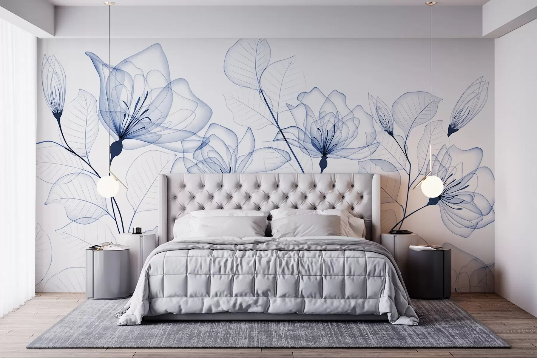 wall murals Деликатно минималистичко плаво цвеће са провидним латицама и листовима, на белој позадини w08776