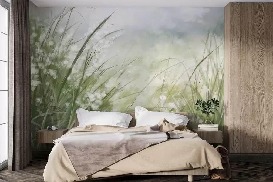 wall murals Бујна зелена трава са деликатним белим цветовима, меко замућен отисак са светлим нијансама, стварајући миран пејзаж w08779