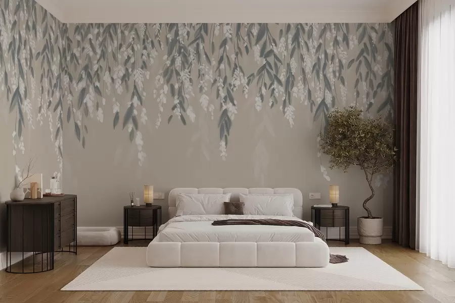 wall murals Каскадне гране лишћа у нијансама пригушене зелене са белим цветовима и листовима на беж позадини w08781