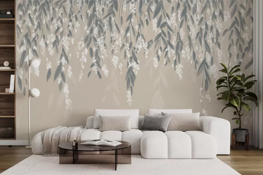 wall murals Каскадне гране лишћа у нијансама пригушене зелене са белим цветовима и листовима на беж позадини w08781