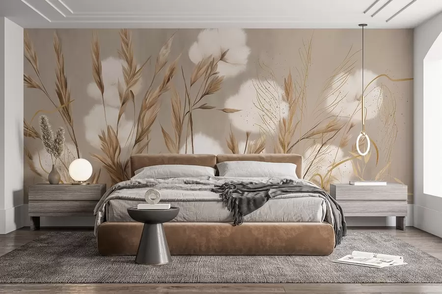 wall murals Меко, паперјасто памучно бело цвеће и висока трава наранџастог класја на пригушеној текстурираној беж позадини w08784