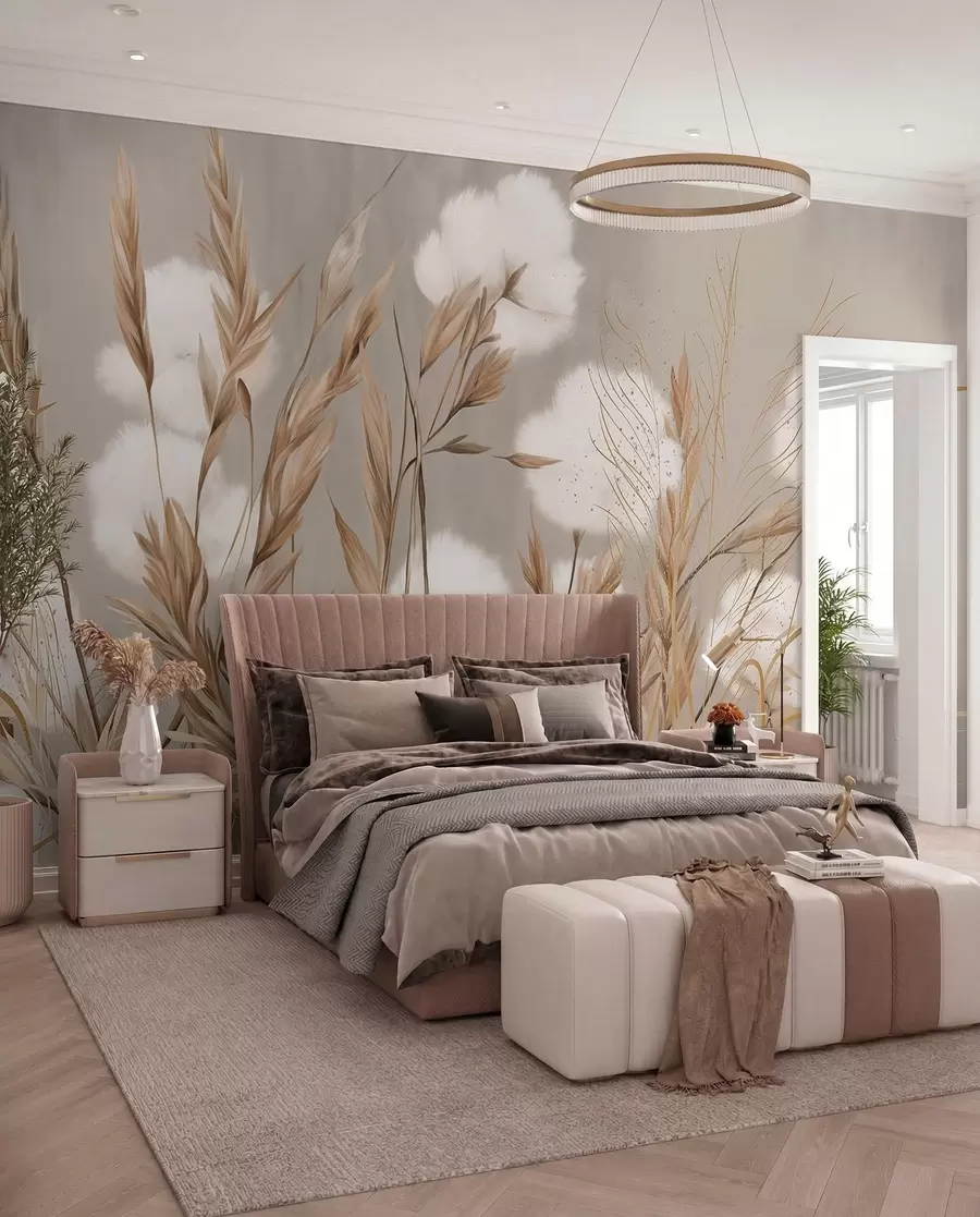 wall murals Меко, паперјасто памучно бело цвеће и висока трава наранџастог класја на пригушеној текстурираној беж позадини w08784