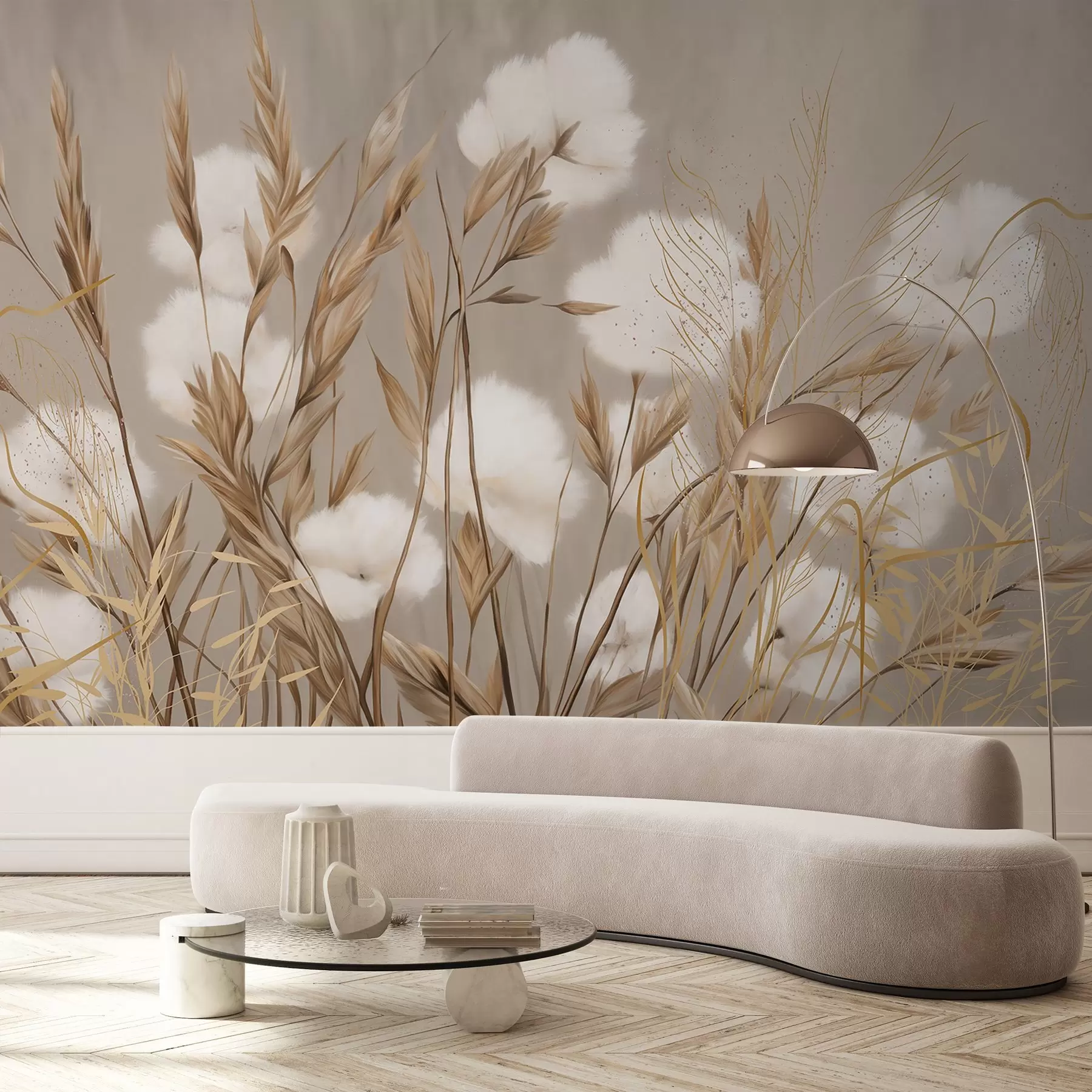 wall murals Меко, паперјасто памучно бело цвеће и висока трава наранџастог класја на пригушеној текстурираној беж позадини w08784