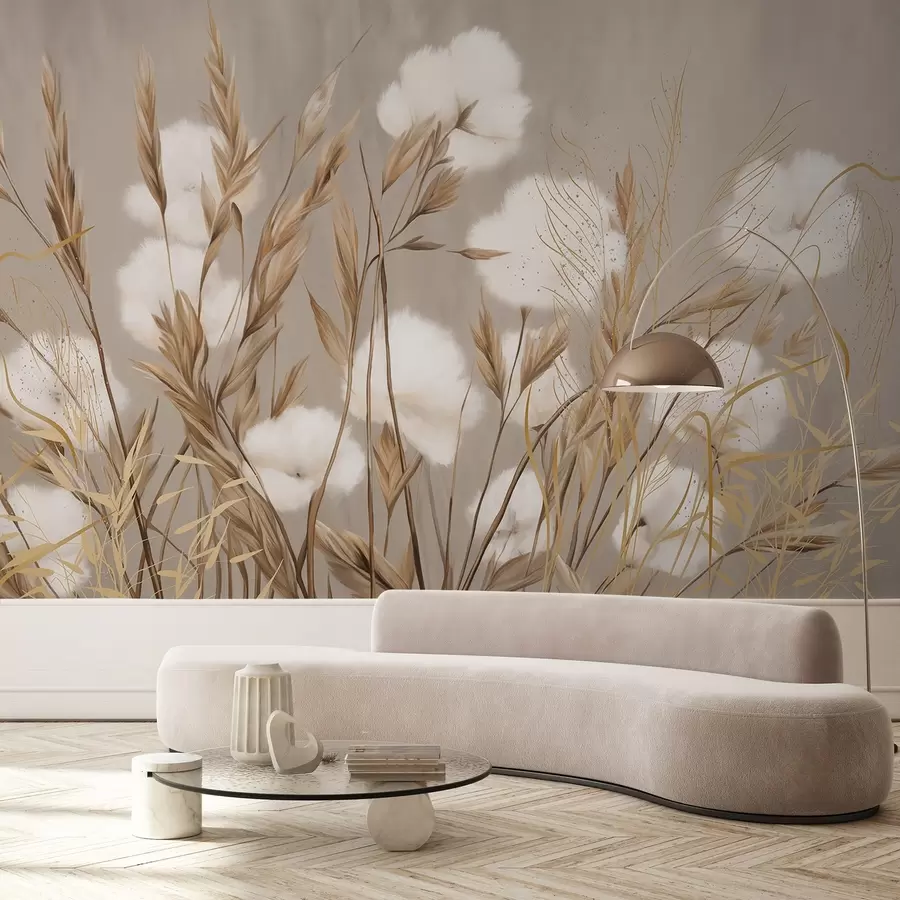 wall murals Меко, паперјасто памучно бело цвеће и висока трава наранџастог класја на пригушеној текстурираној беж позадини w08784