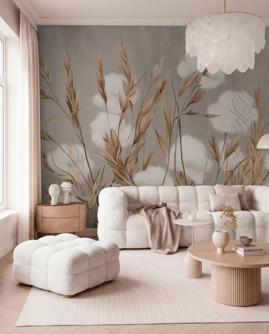 wall murals Меко, паперјасто памучно бело цвеће и висока трава наранџастог класја на пригушеној текстурираној беж позадини w08784