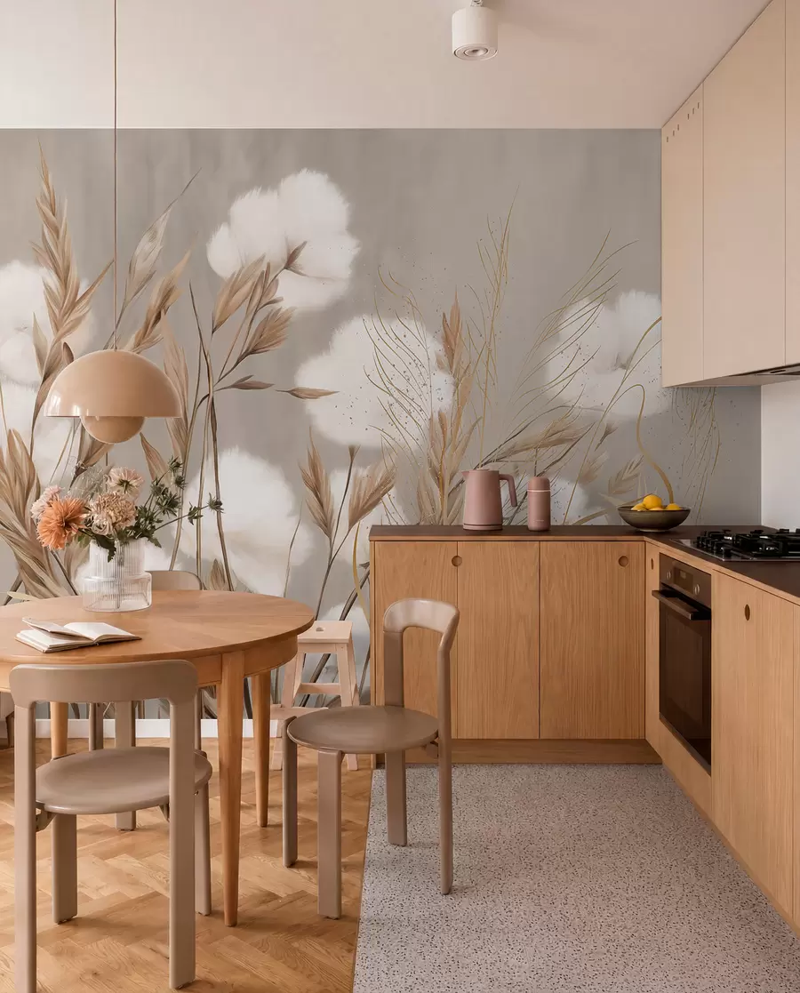 wall murals Меко, паперјасто памучно бело цвеће и висока трава наранџастог класја на пригушеној текстурираној беж позадини w08784