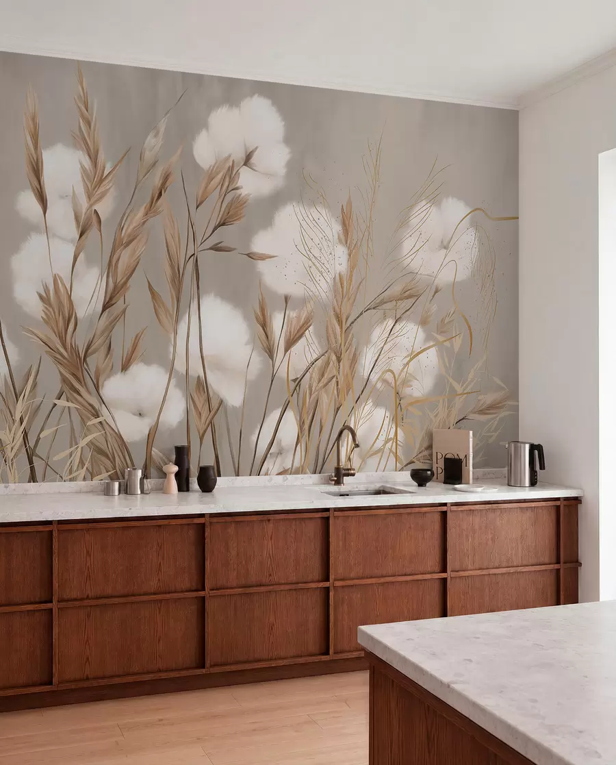 wall murals Меко, паперјасто памучно бело цвеће и висока трава наранџастог класја на пригушеној текстурираној беж позадини w08784
