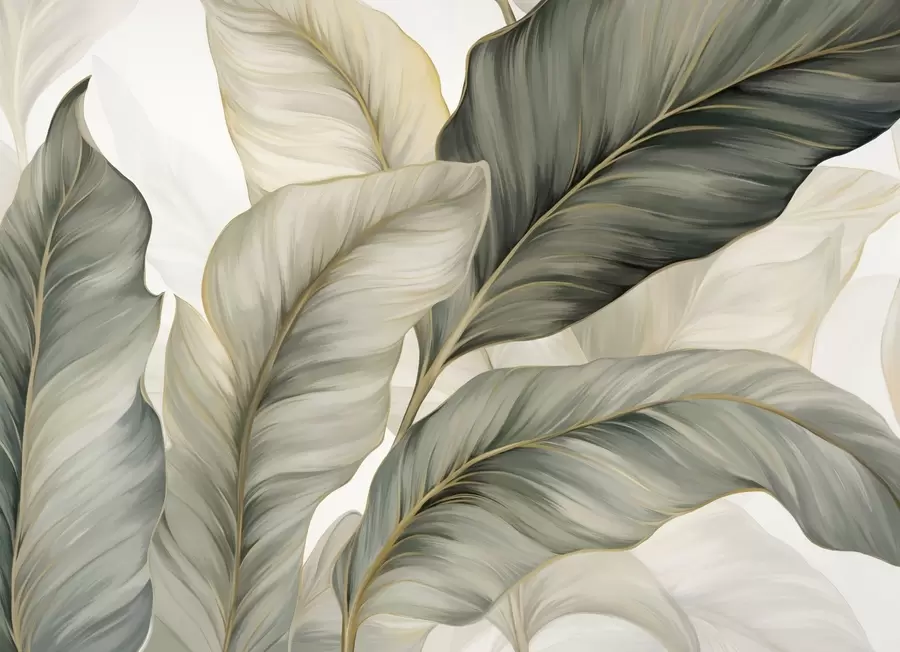 wall murals Велики, стилизовани текстурирани листови са детаљним венама у разним нијансама зелене, крем и беж w08785