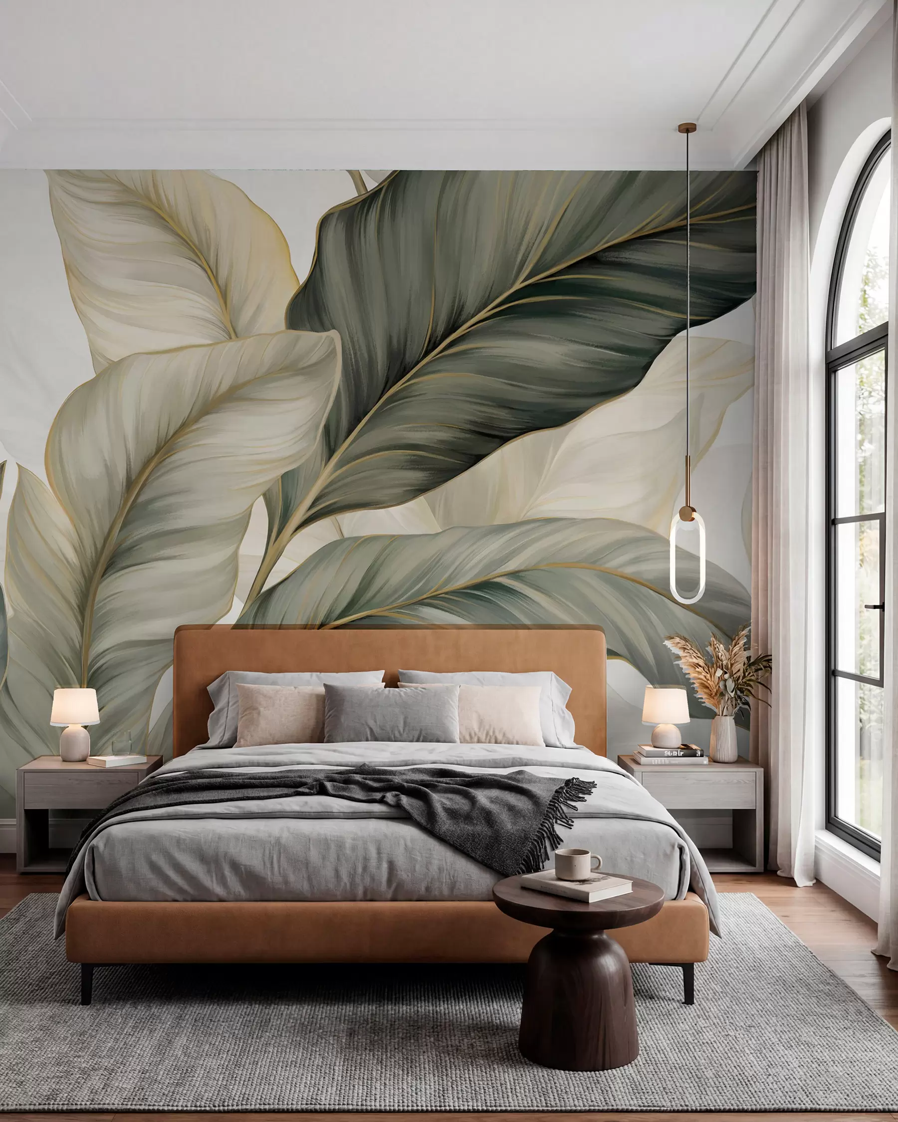 wall murals Велики, стилизовани текстурирани листови са детаљним венама у разним нијансама зелене, крем и беж w08785