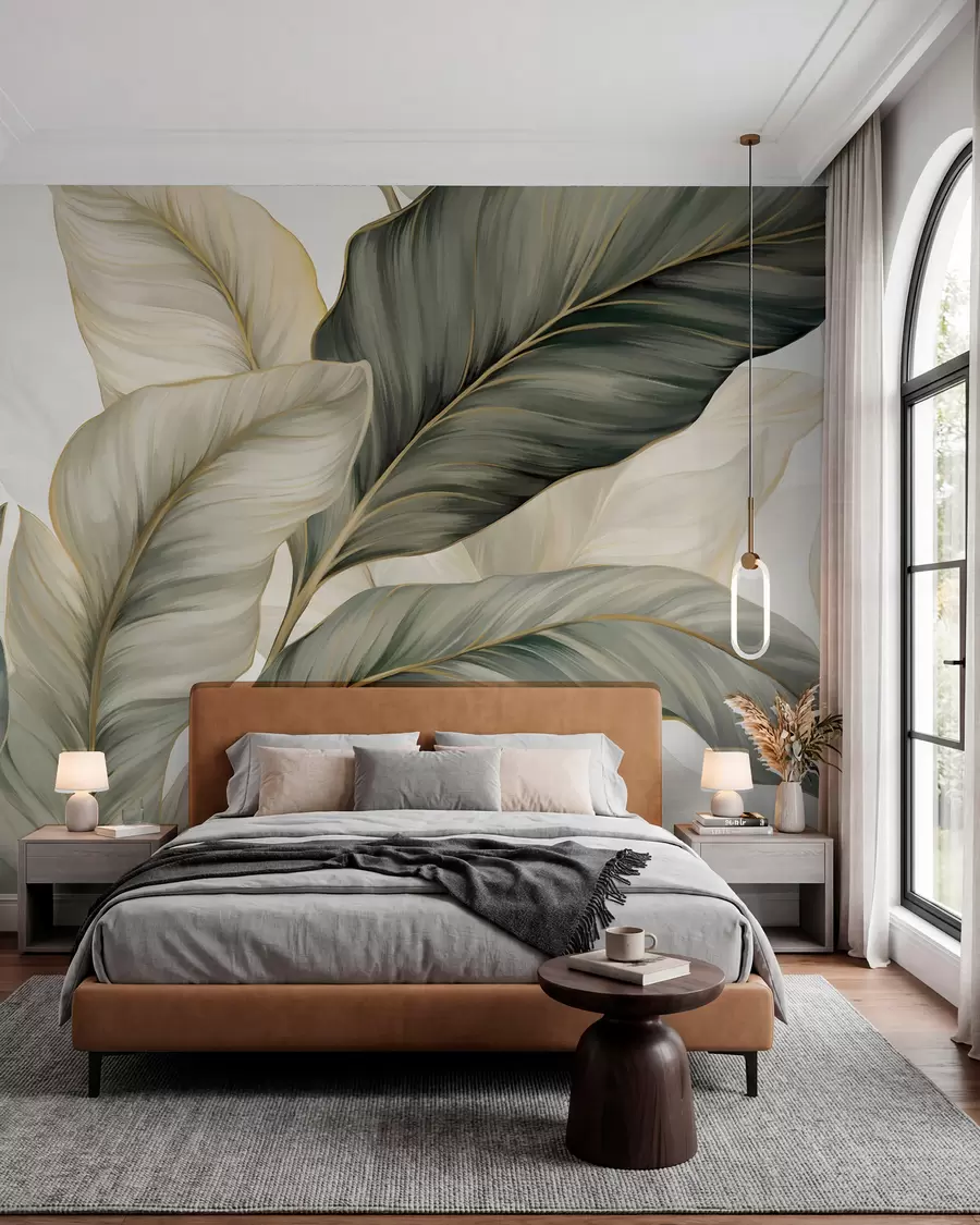 wall murals Велики, стилизовани текстурирани листови са детаљним венама у разним нијансама зелене, крем и беж w08785
