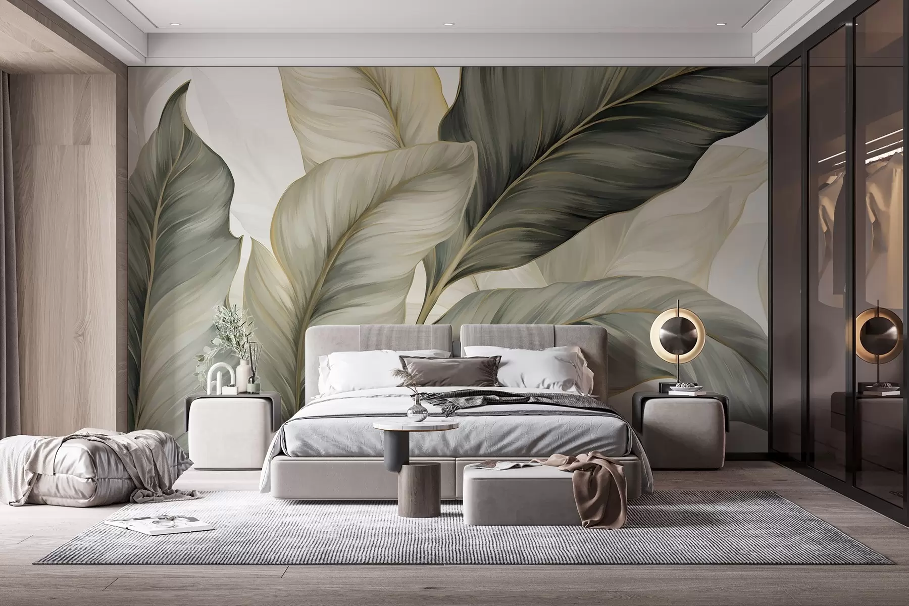 wall murals Велики, стилизовани текстурирани листови са детаљним венама у разним нијансама зелене, крем и беж w08785