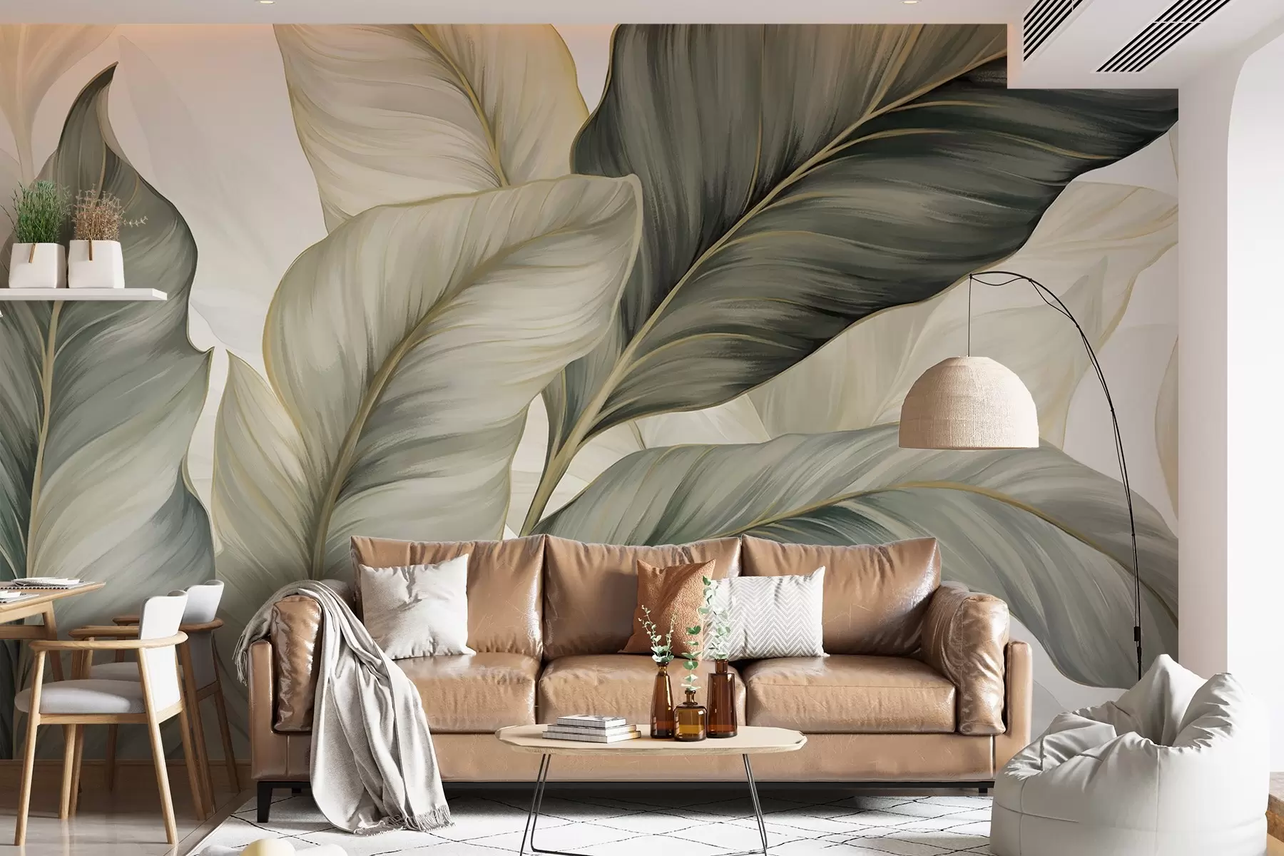 wall murals Велики, стилизовани текстурирани листови са детаљним венама у разним нијансама зелене, крем и беж w08785