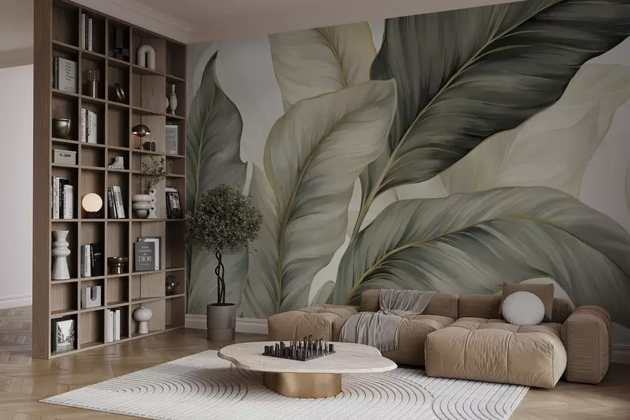 wall murals Велики, стилизовани текстурирани листови са детаљним венама у разним нијансама зелене, крем и беж w08785