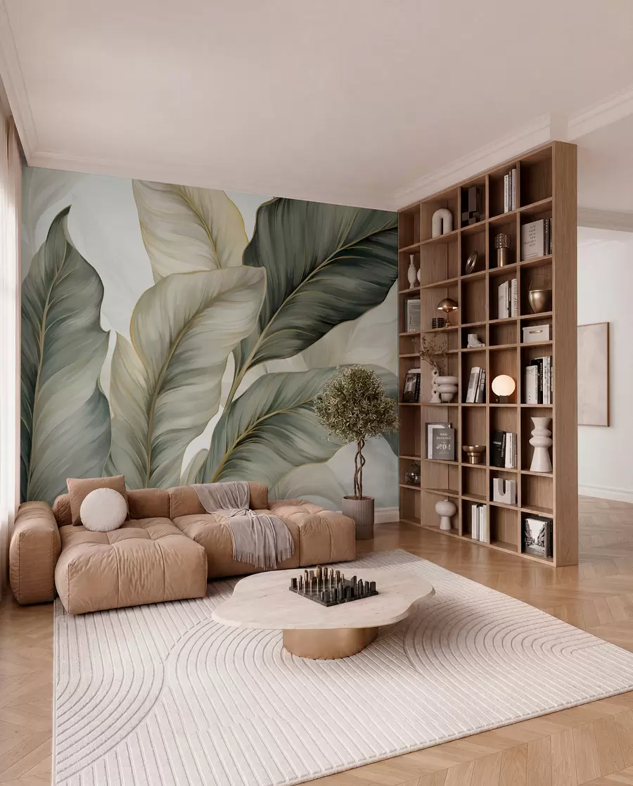 wall murals Велики, стилизовани текстурирани листови са детаљним венама у разним нијансама зелене, крем и беж w08785