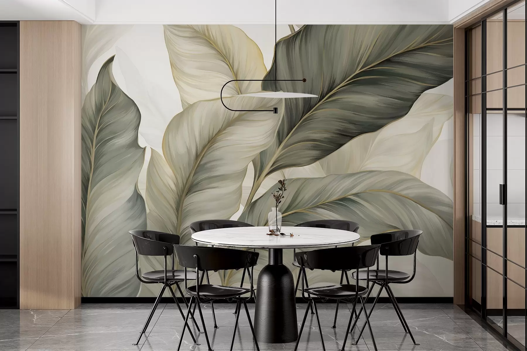 wall murals Велики, стилизовани текстурирани листови са детаљним венама у разним нијансама зелене, крем и беж w08785