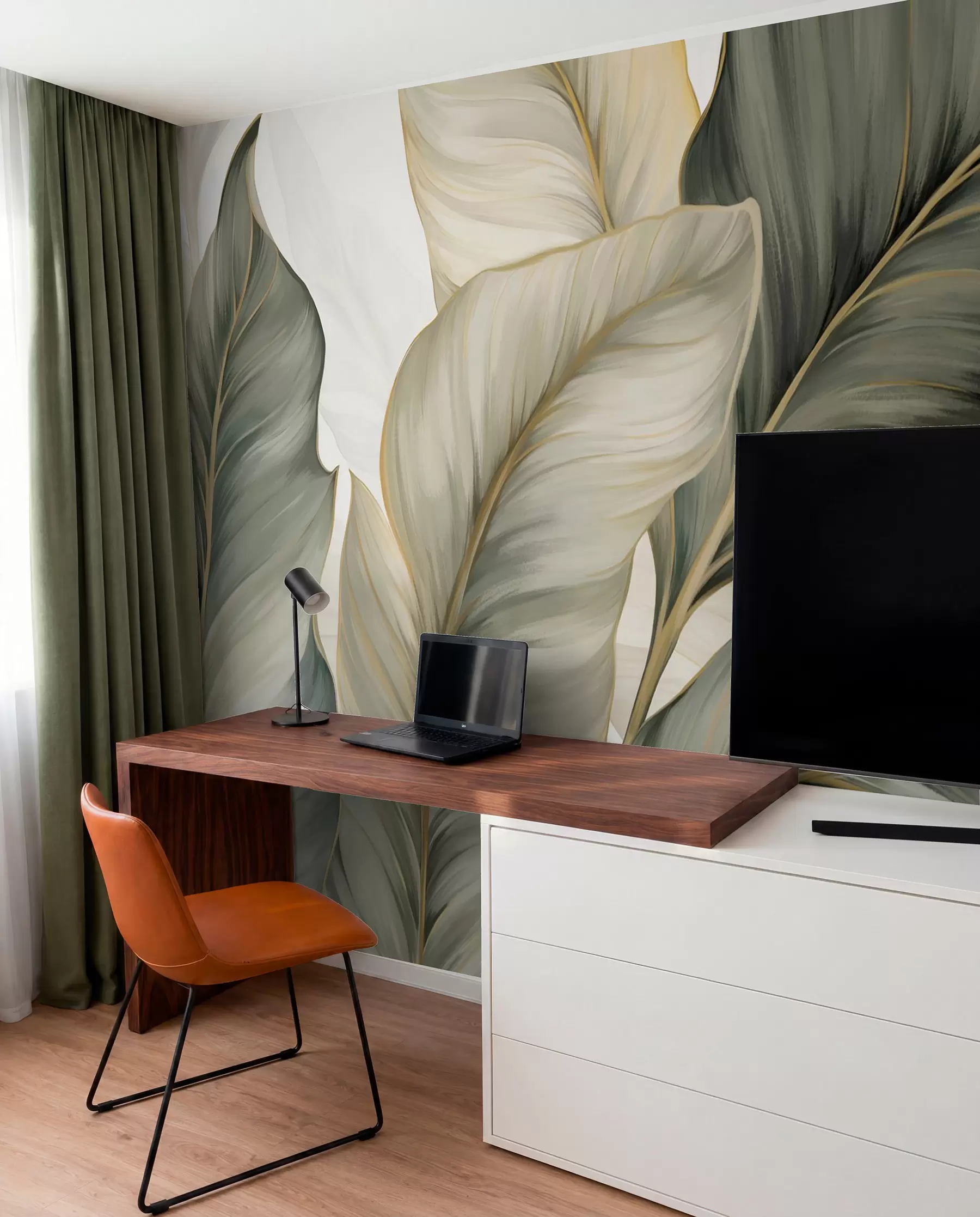 wall murals Велики, стилизовани текстурирани листови са детаљним венама у разним нијансама зелене, крем и беж w08785