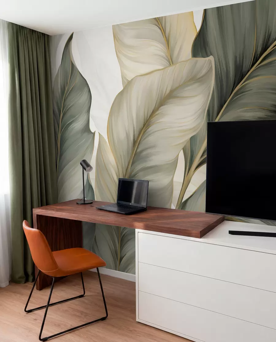 wall murals Велики, стилизовани текстурирани листови са детаљним венама у разним нијансама зелене, крем и беж w08785