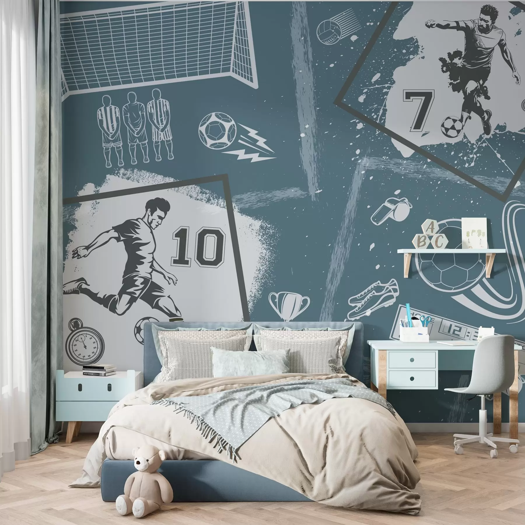 wall murals Фудбалери, лопта и остали фудбалски атрибути у плавим тоновима w03122