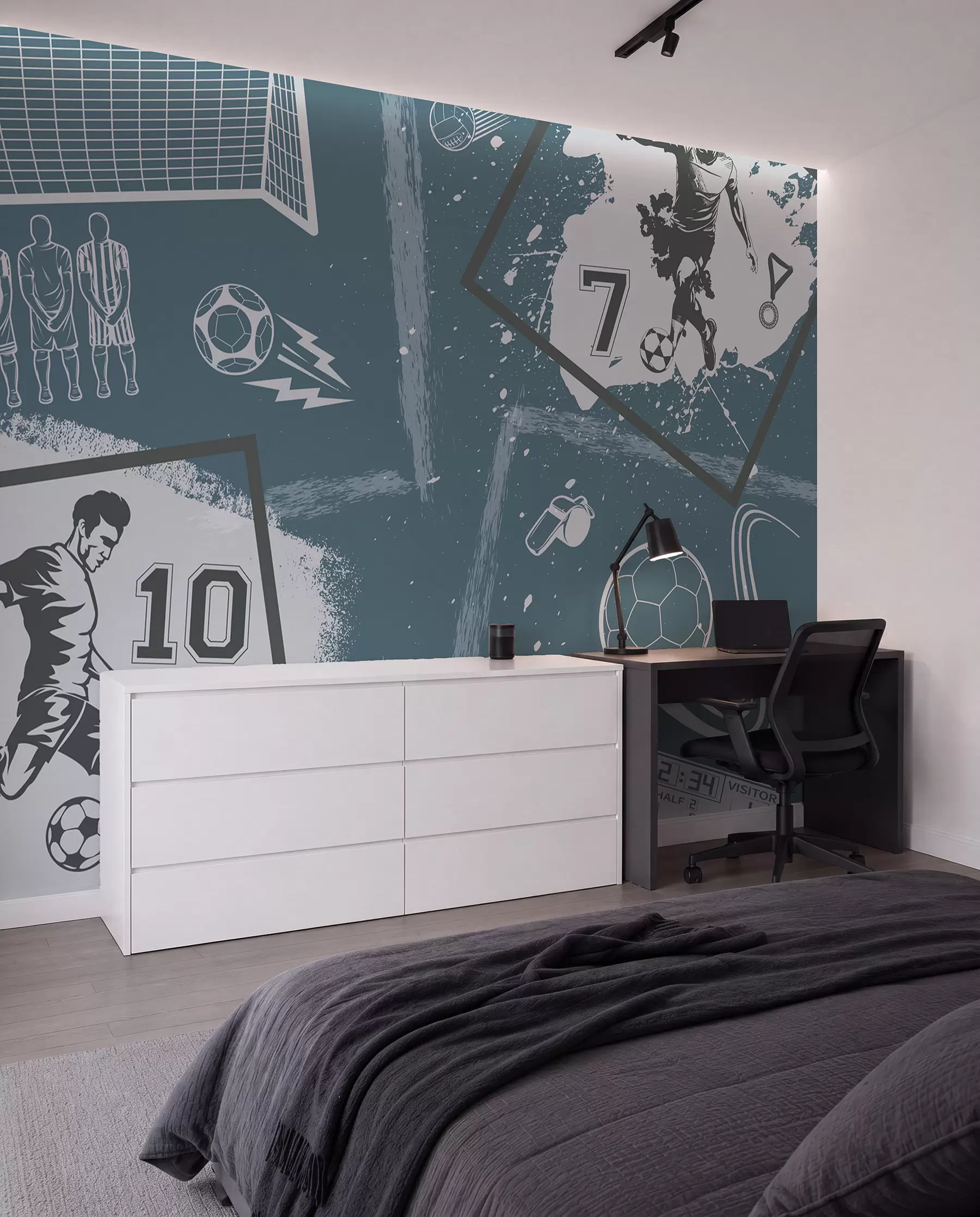 wall murals Фудбалери, лопта и остали фудбалски атрибути у плавим тоновима w03122