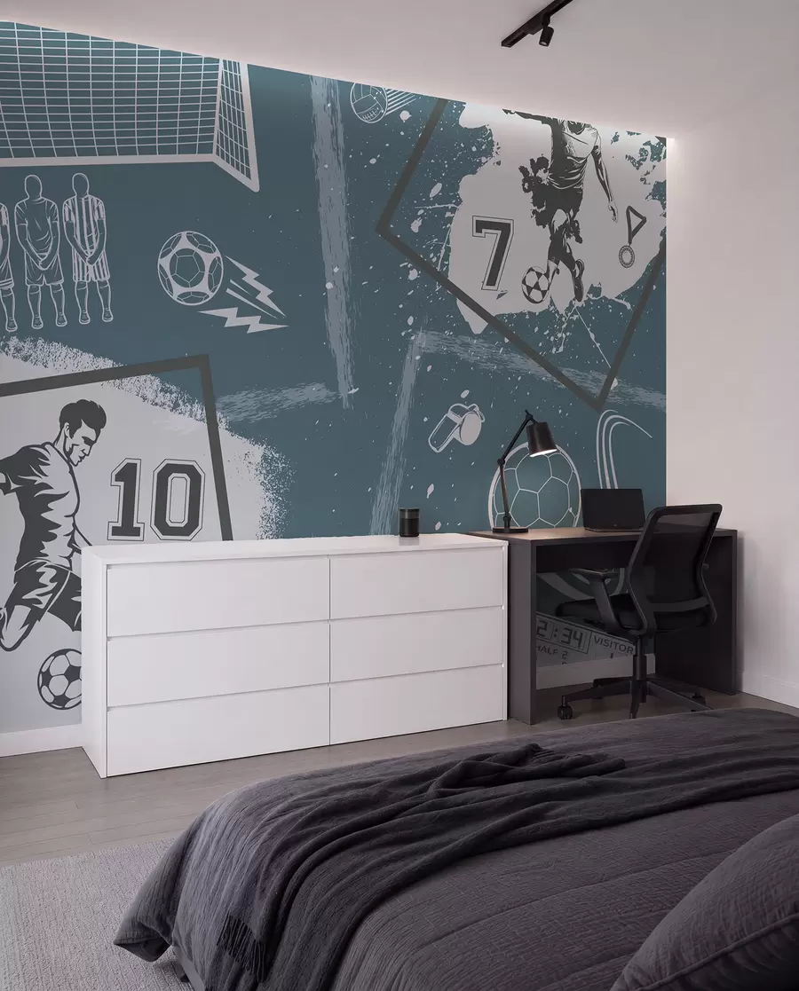 wall murals Фудбалери, лопта и остали фудбалски атрибути у плавим тоновима w03122