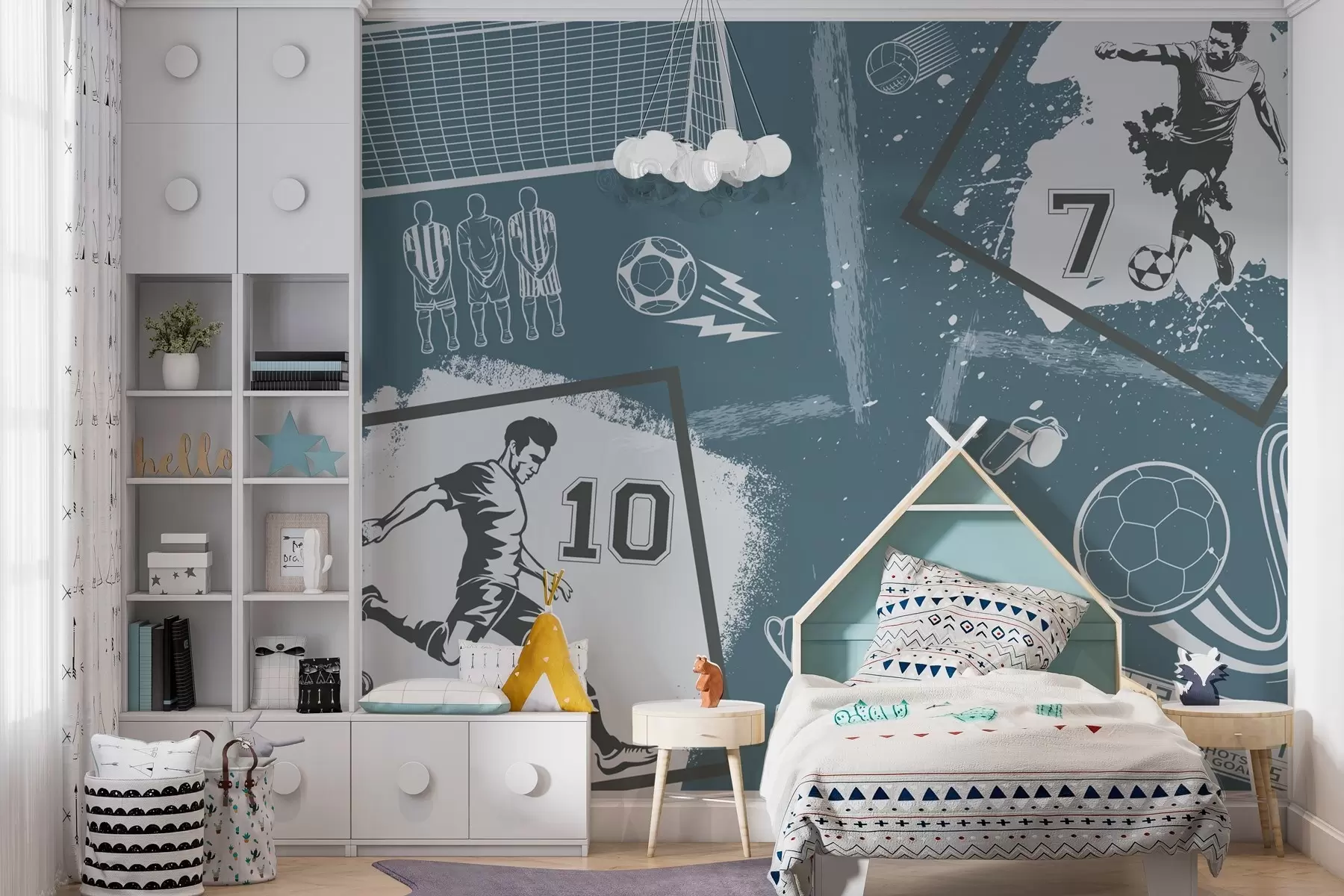 wall murals Фудбалери, лопта и остали фудбалски атрибути у плавим тоновима w03122