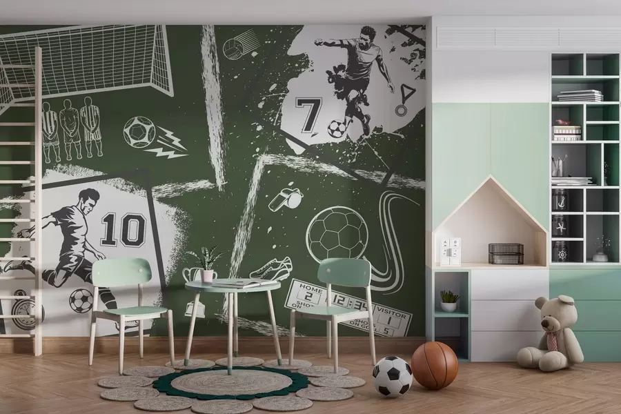 wall murals Фудбалери, лопта и остали фудбалски атрибути у зеленим тоновима w03122v2