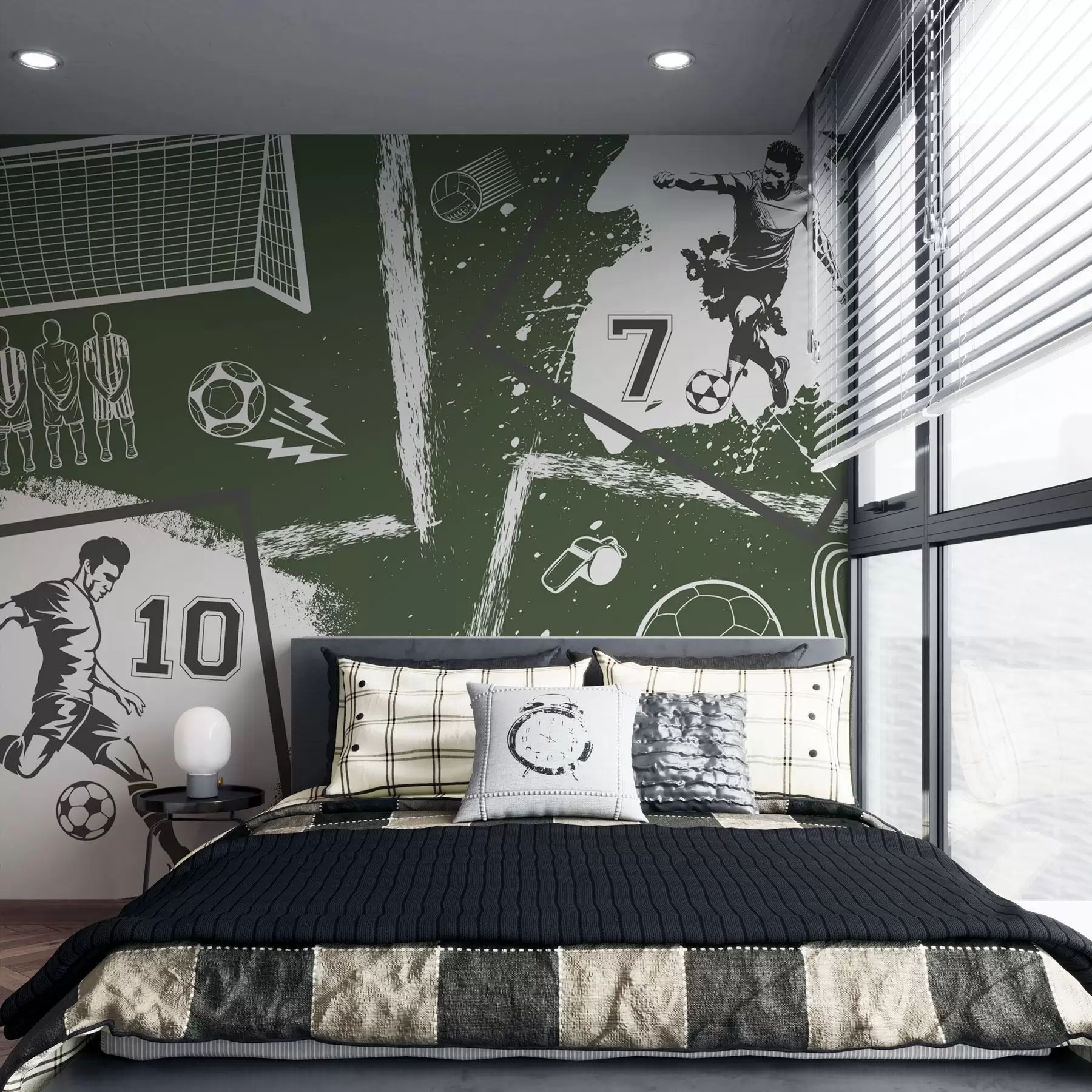 wall murals Фудбалери, лопта и остали фудбалски атрибути у зеленим тоновима w03122v2