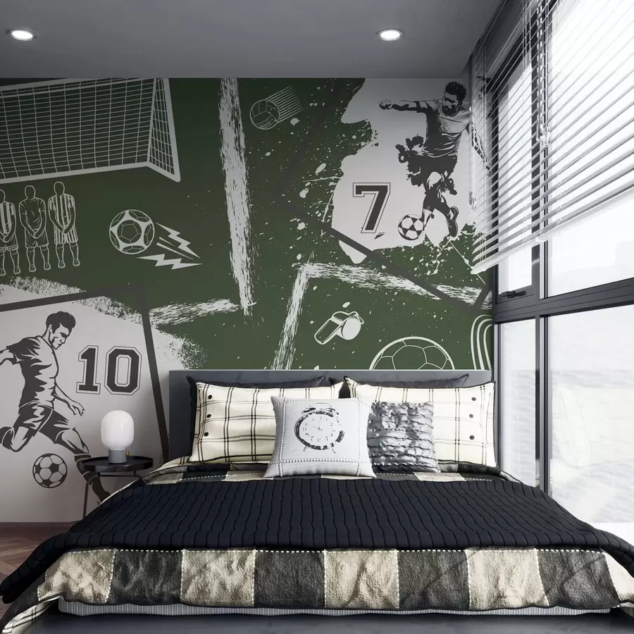 wall murals Фудбалери, лопта и остали фудбалски атрибути у зеленим тоновима w03122v2