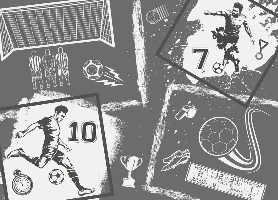 wall murals Фудбалери, лопта и остали фудбалски атрибути у сивим тоновима w03122v1