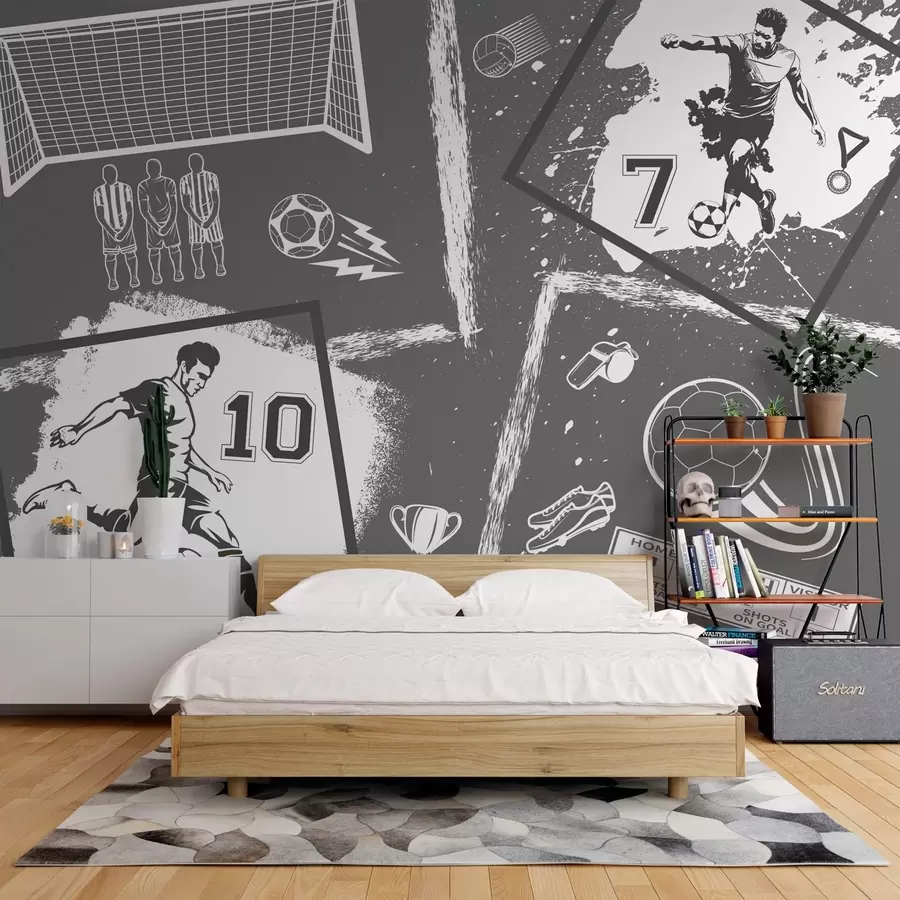 wall murals Фудбалери, лопта и остали фудбалски атрибути у сивим тоновима w03122v1