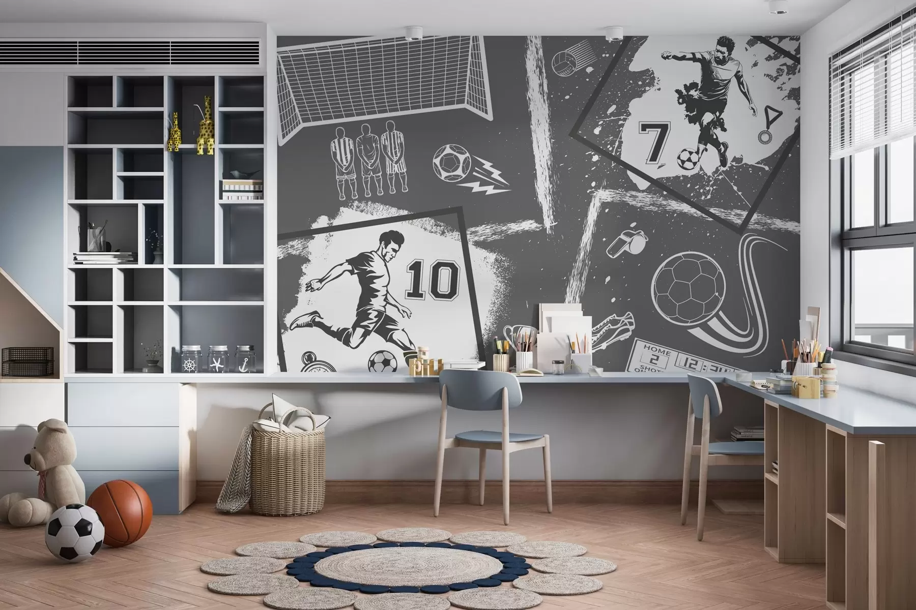 wall murals Фудбалери, лопта и остали фудбалски атрибути у сивим тоновима w03122v1