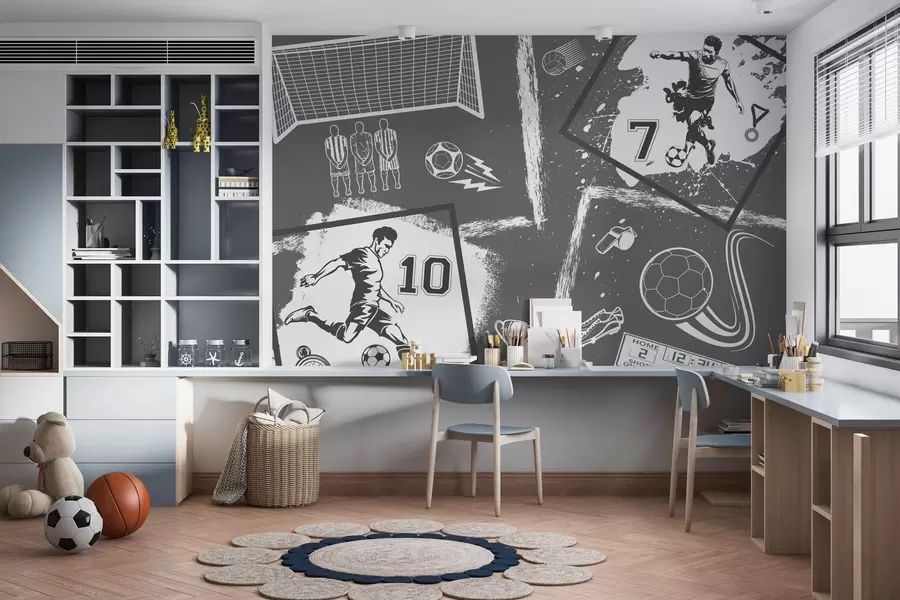 wall murals Фудбалери, лопта и остали фудбалски атрибути у сивим тоновима w03122v1
