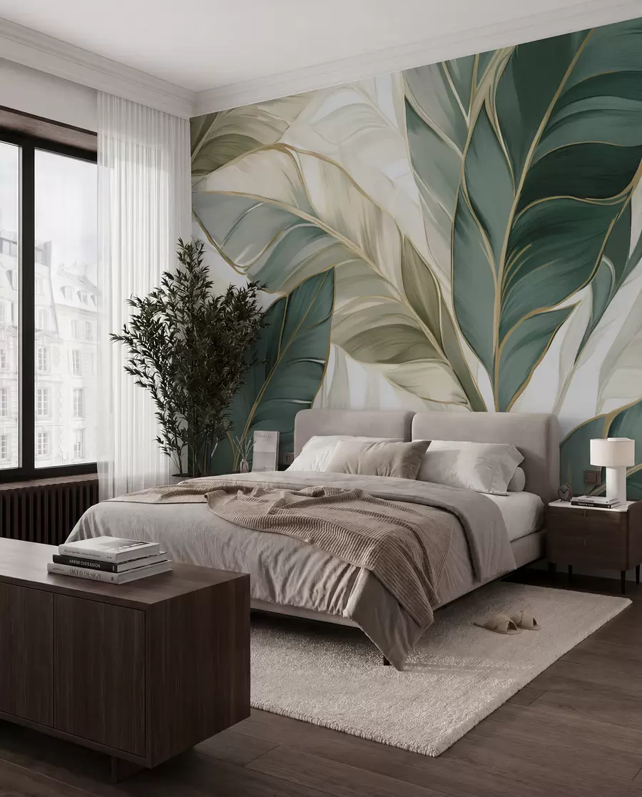 wall murals Зелено тропско лишће на сивој и белој позадини w03124