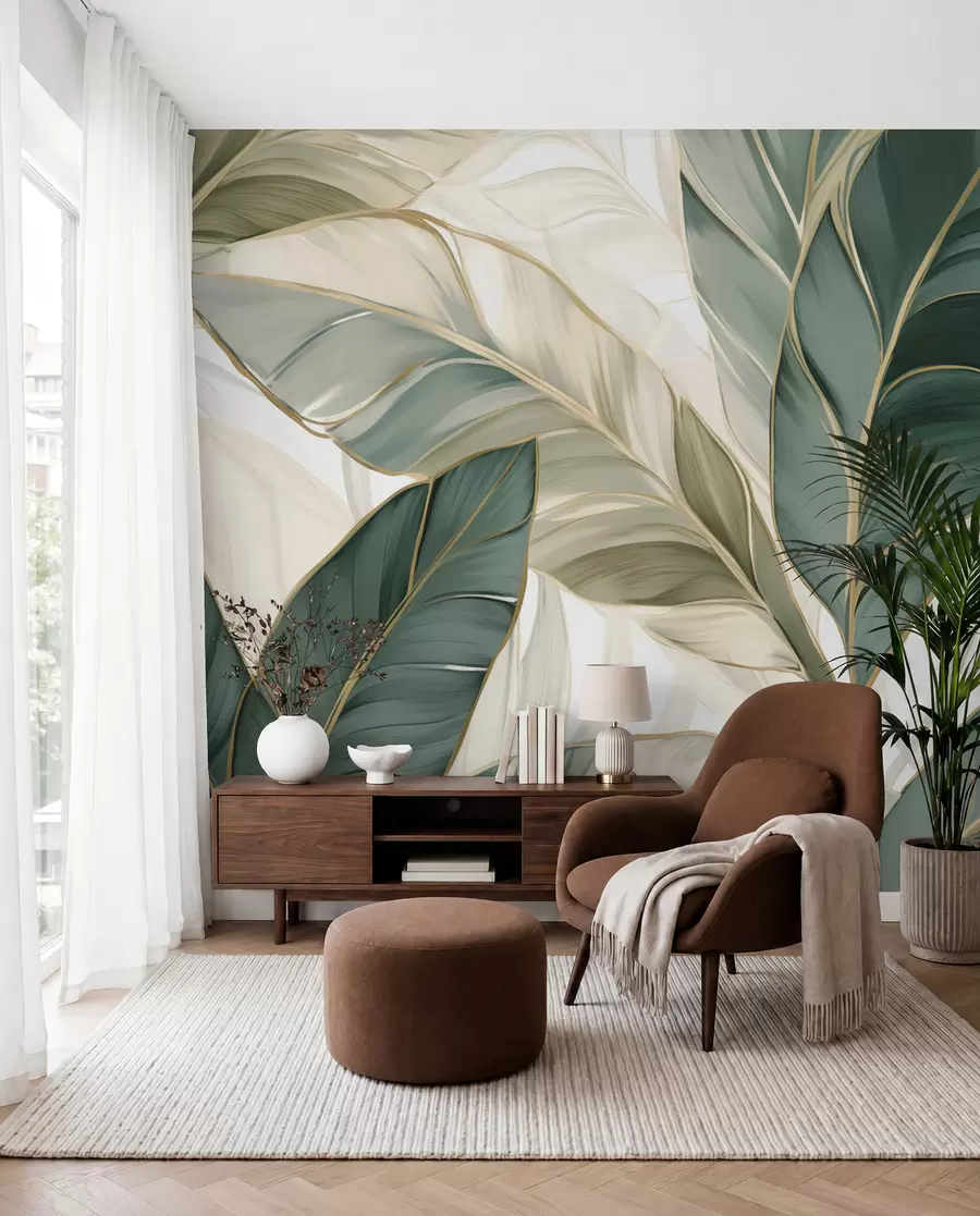 wall murals Зелено тропско лишће на сивој и белој позадини w03124