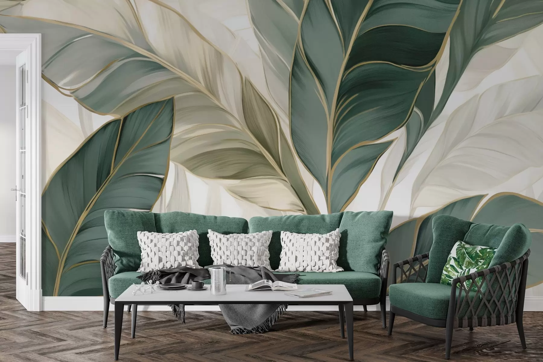 wall murals Зелено тропско лишће на сивој и белој позадини w03124