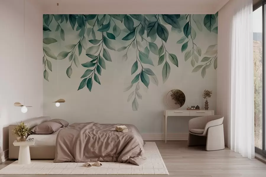 wall murals зелени листови у стилу акварела који виси са врха w03024
