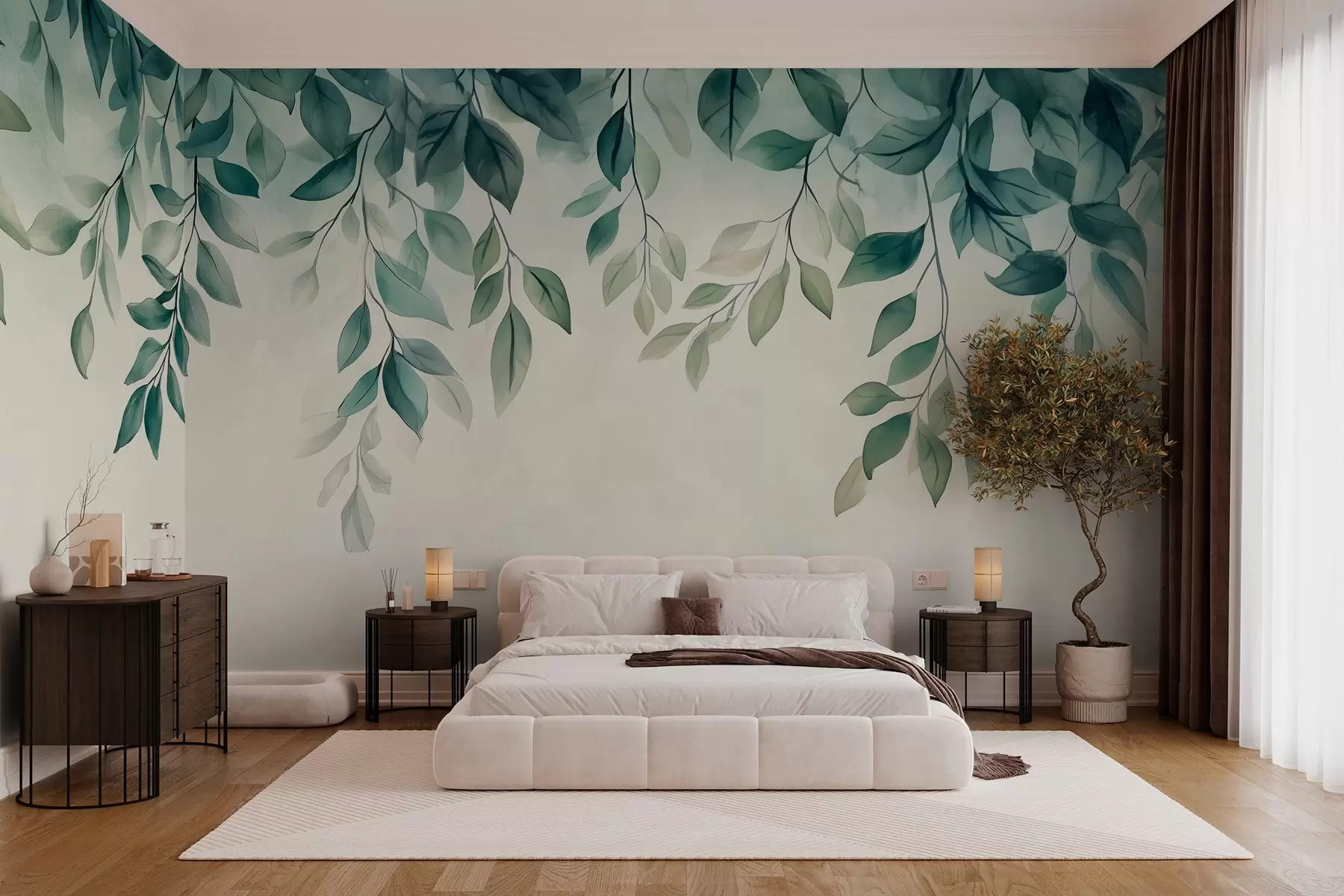 wall murals зелени листови у стилу акварела који виси са врха w03024