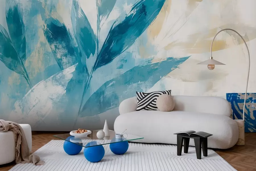 wall murals плави листови у стилу апстрактних потеза w03109
