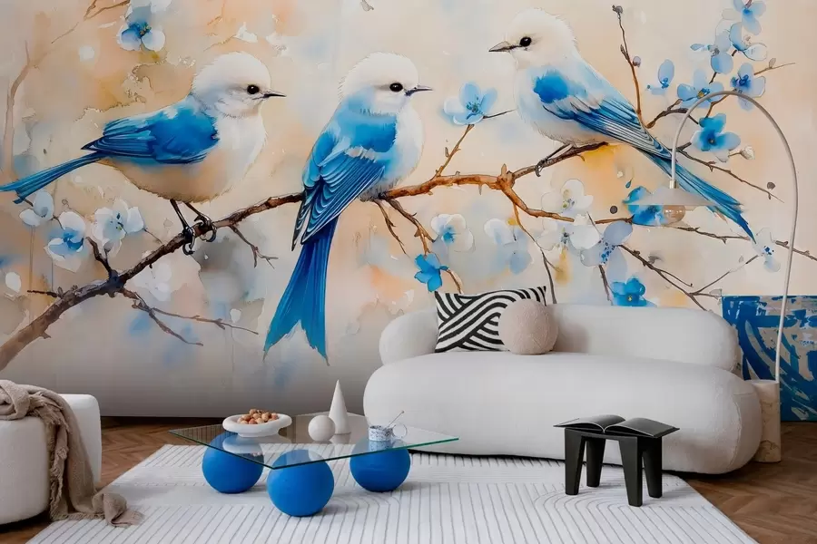wall murals пролећне птице певачице на грани дрвета у стилу акварела w03112