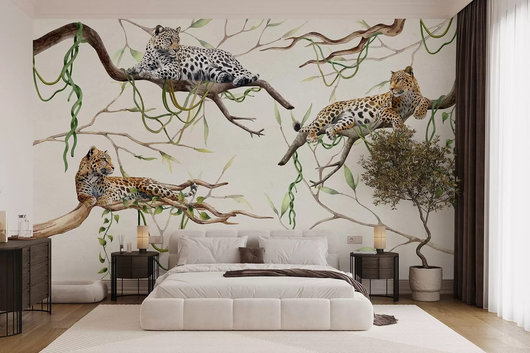 wall murals Леопарди на дрвећу џунгле, лијане, тропске, дивље животиње, природна палета боја w03146
